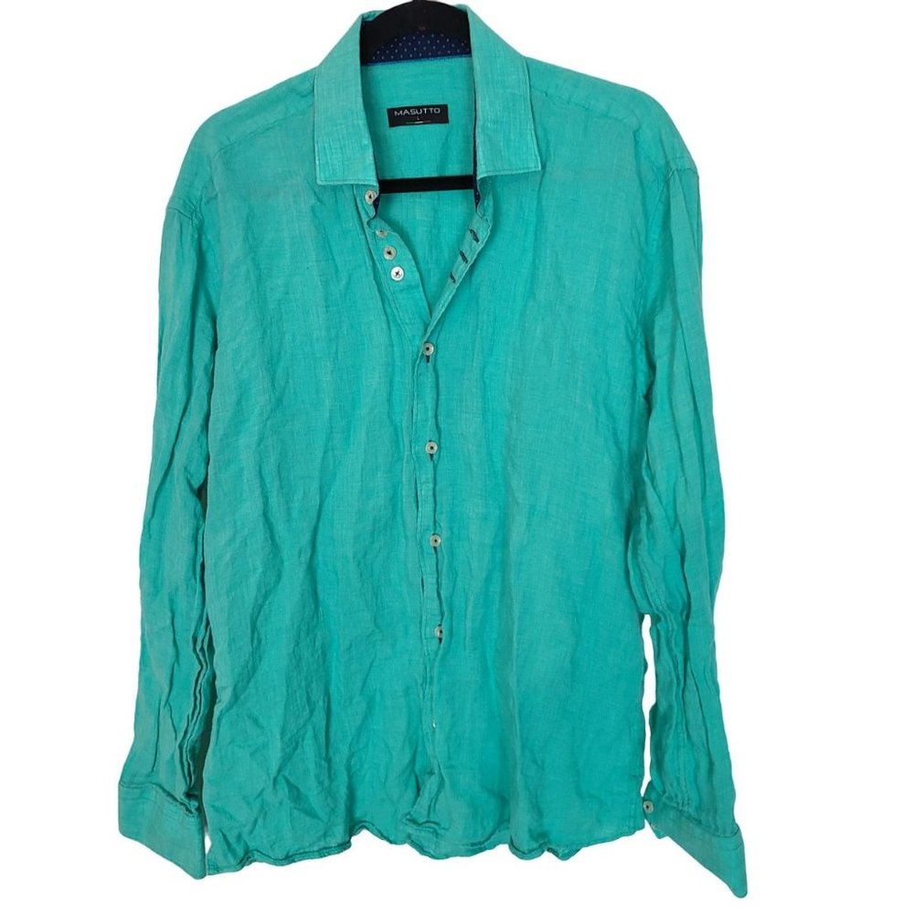 Masutto Mens L Green Long Sleeves Contrast Cuffs Linen Button Up Shirt Collared